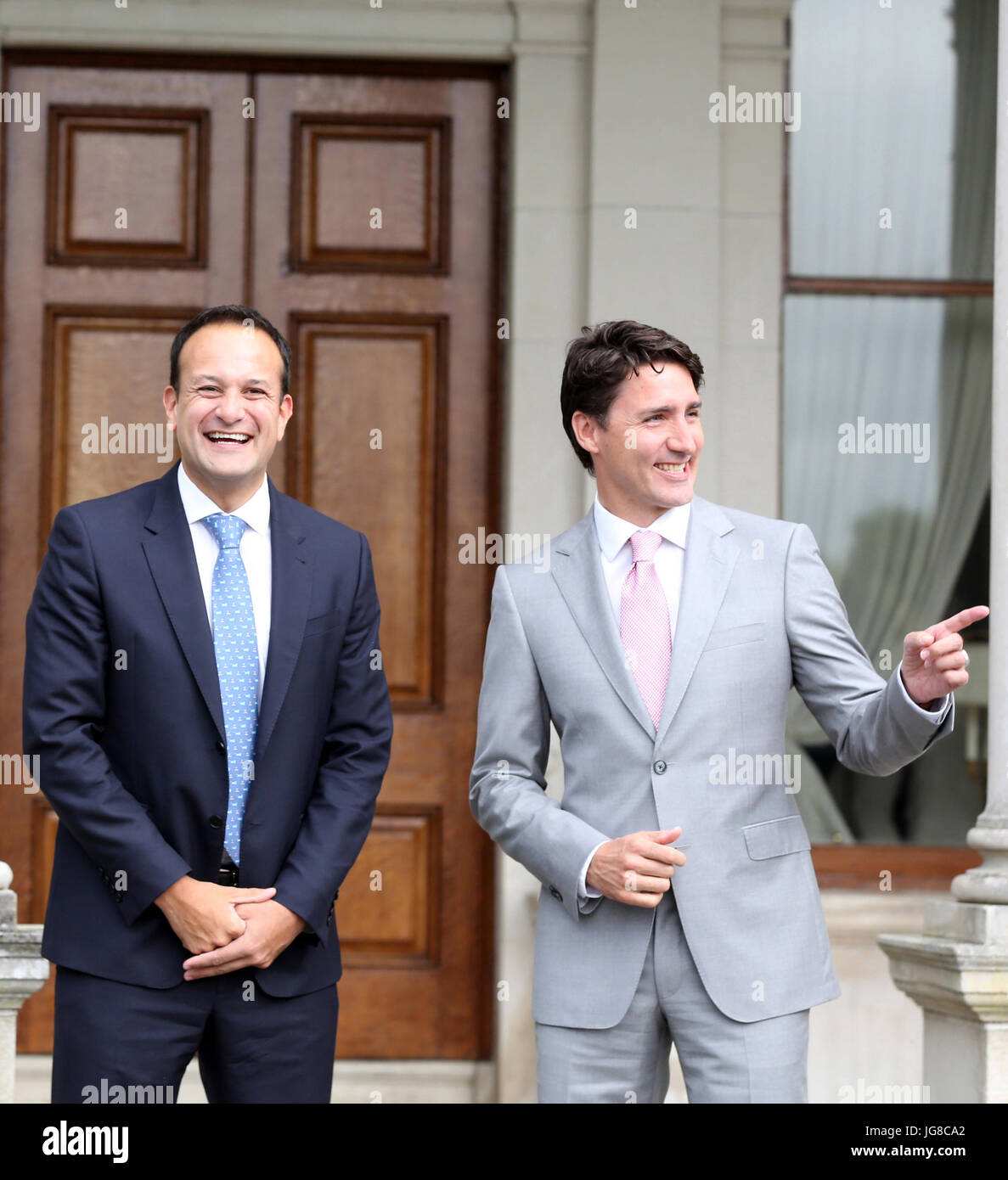 Dublin, Ireland. 4th July, 2017. Justin Trudeau Meets Leo Varadkar in Dublin. The Canadian Prime Minister, Justin Trudeau, today met with Taoiseach and Fine Gael party leader(Prime Minister) Leo Varadkar(left), at Farmleigh House in Dublin. Mr. Trudeau is on a three day visit and is expected to discuss trade between the two countries and the implications of Brexit and a possible hard border, for the Irish economy and its relations with the United Kingdom. Mr Varadkar is Ireland's first gay political leader. Photo: Sam Boal/RollingNews.ie Credit: RollingNews.ie/Alamy Live News Stock Photo