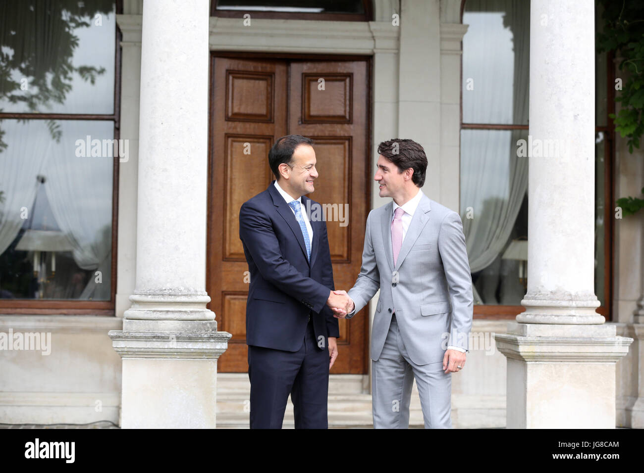 4/7/2017. Prime Ministers, Justin Trudeau of Canada and Leo Varadkar of Ireland, at play with hurley stick and ball, during Mr. Trudeau's official visit to Ireland. Hurling is believed to be the fastest field sport in the world. The recently elected Mr. Varadkar is believed to be the first openly gay male leader of a country. Stock Photo