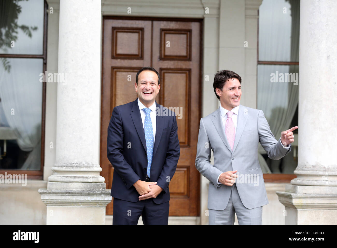 4/7/2017. Prime Ministers, Justin Trudeau of Canada and Leo Varadkar of Ireland, at play with hurley stick and ball, during Mr. Trudeau's official visit to Ireland. Hurling is believed to be the fastest field sport in the world. The recently elected Mr. Varadkar is believed to be the first openly gay male leader of a country. Stock Photo