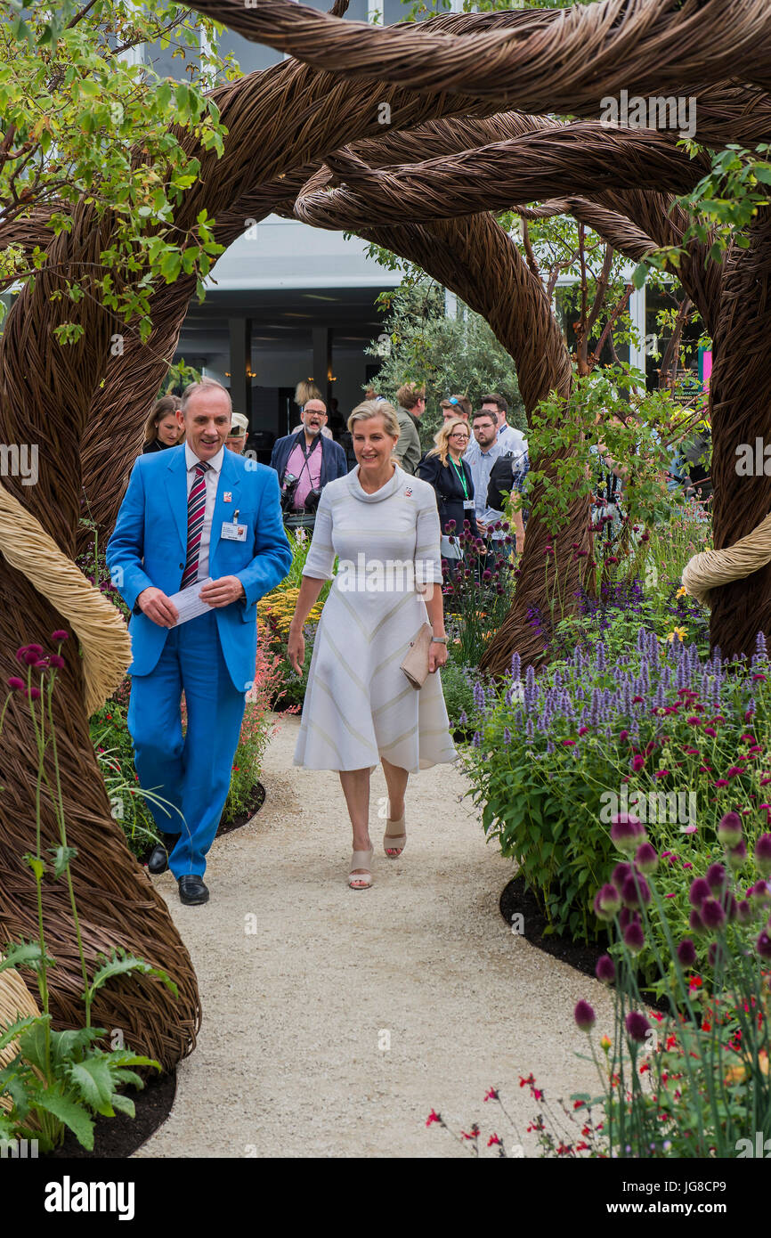 London, UK. 3rd July, 2017. HRH the Countess of Wessex, patron of the charity, on Blind Veterans UK: its all about Community Garden by Andrew Fisher Tomlin and Dan Bowyer - The Hampton Court Flower Show, organised by the Royal Horticultural Society (RHS). In the grounds of the Hampton Court Palace, London. Credit: Guy Bell/Alamy Live News Stock Photo