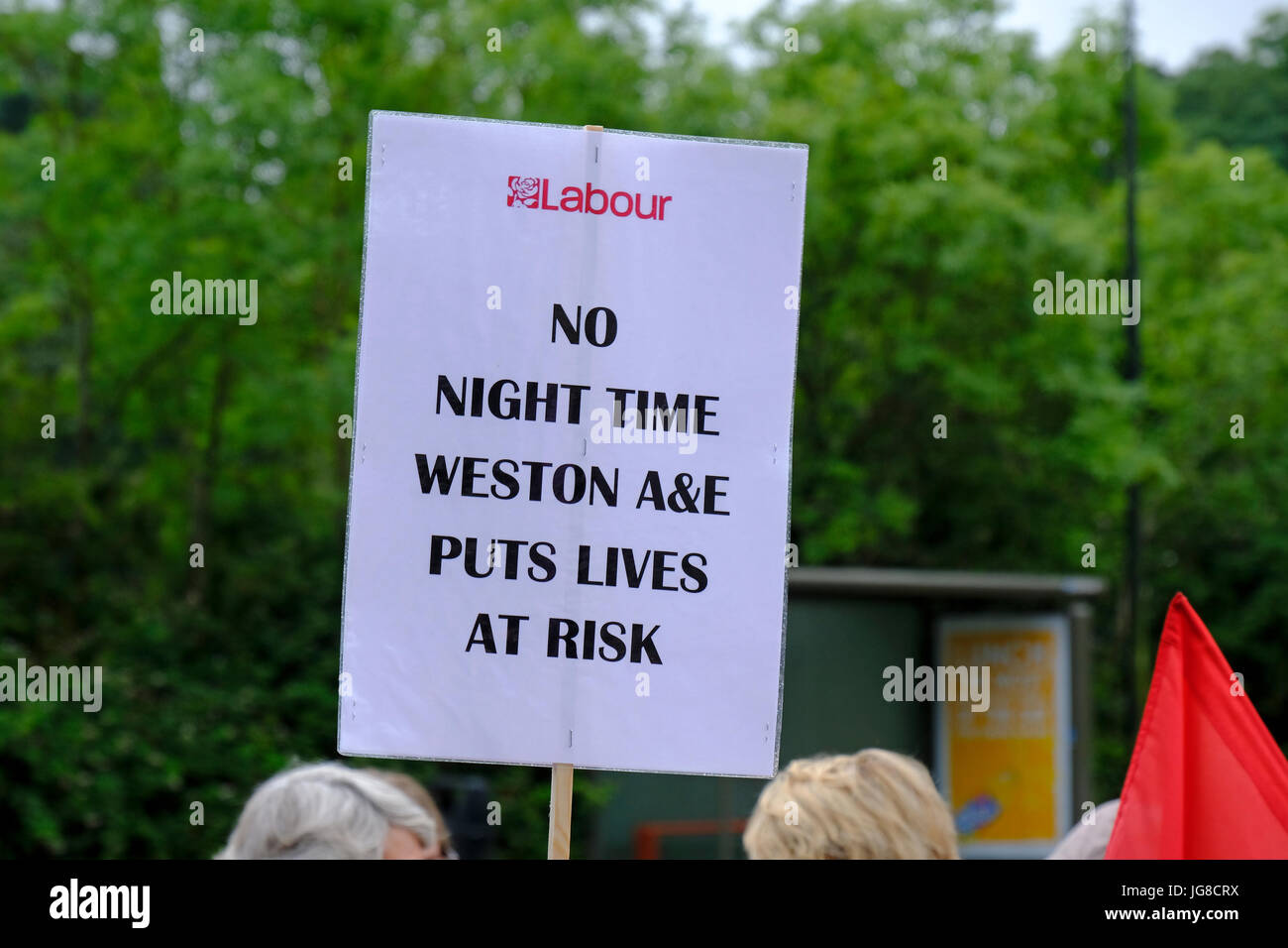 Weston-super-Mare, UK. 4th July, 2017. Demonstrators protest against the overnight closure of the accident and emergency department at Weston General Hospital. Despite assurances that the closure is only a temporary measure, many people in the area are concerned that it is the prelude to further cuts. Keith Ramsey/Alamy Live News Stock Photo