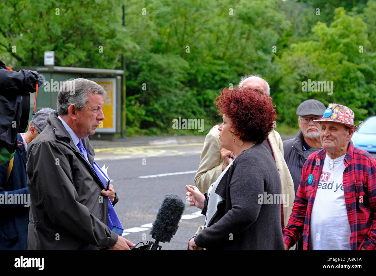 Weston-super-Mare, UK. 4th July, 2017. BBC reporter Clinton Rogers interviews demonstrators protesting against the overnight closure of the accident and emergency department at Weston General Hospital. Despite assurances that the closure is only a temporary measure, many people in the area are concerned that it is the prelude to further cuts. Keith Ramsey/Alamy Live News Stock Photo