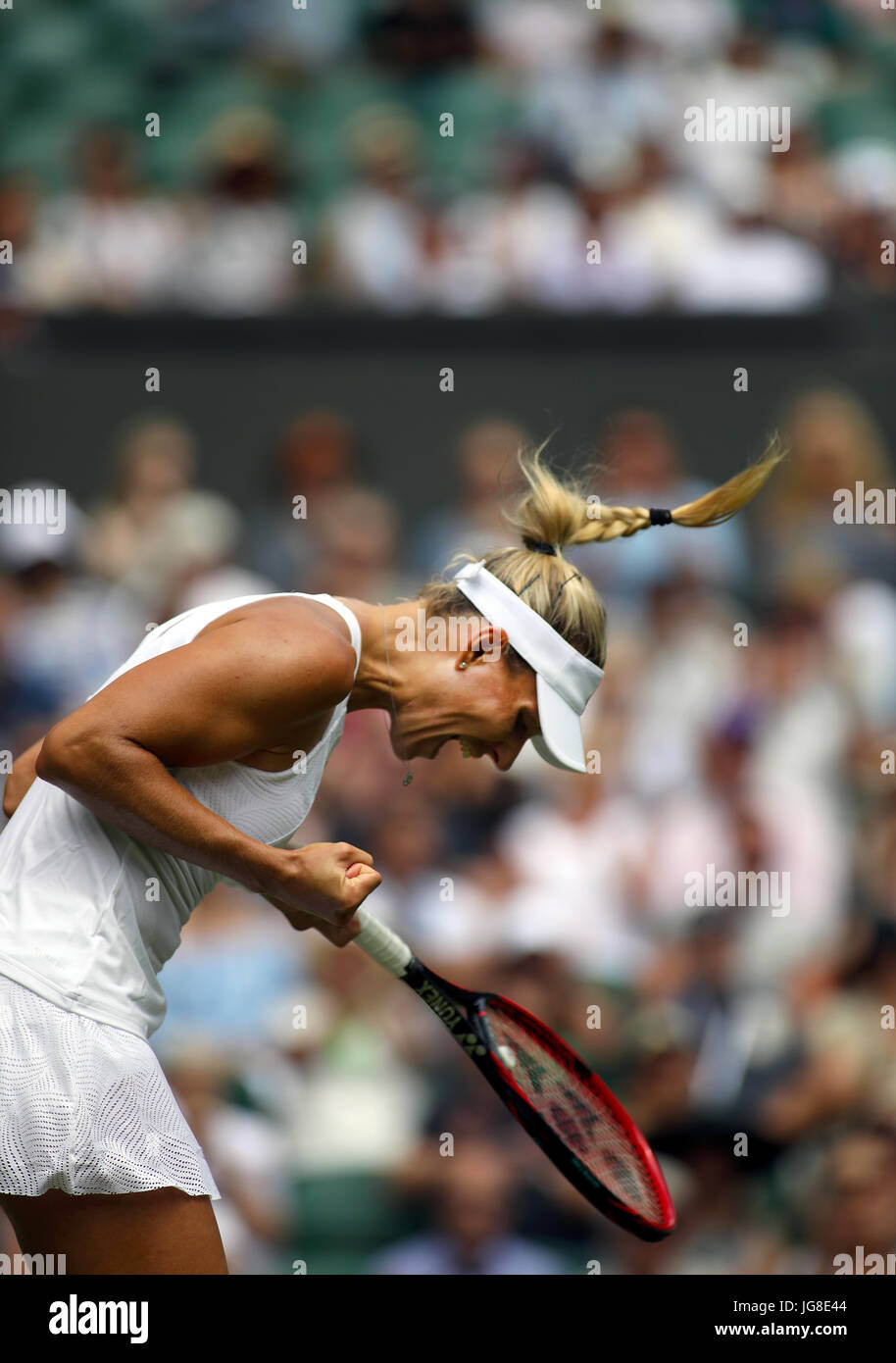 London, UK. 04th July, 2017. Angelique Kerber of Germany celebrates a point during her first round match at Wimbledon against Irina Falconi of the United States Credit: Adam Stoltman/Alamy Live News Stock Photo