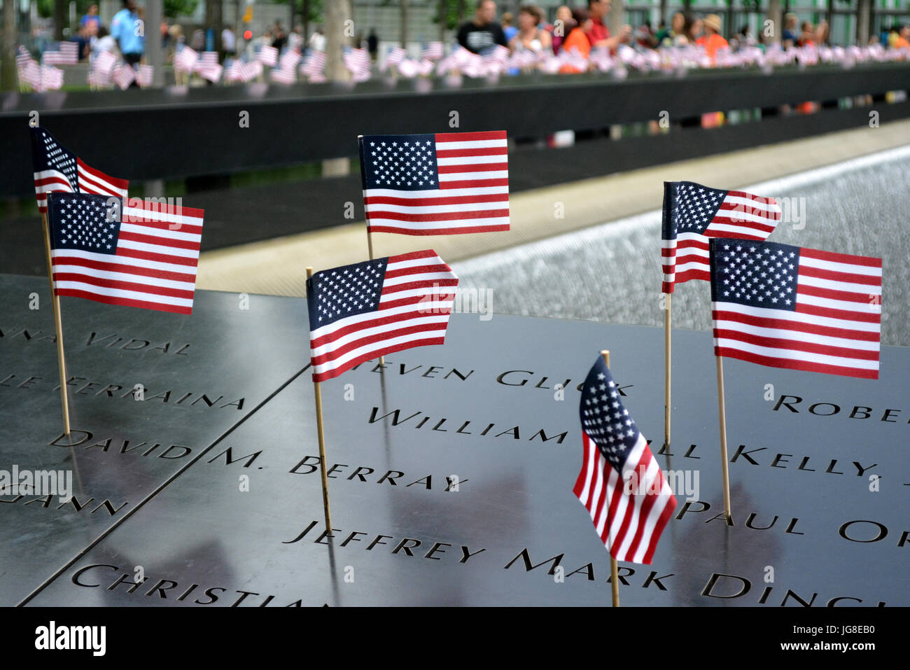 New York City, USA. 3rd Jul, 2017. Flags placed at the 9/11 Memorial in celebration of the Fourth of July in New York City. Credit: Christopher Penler/Alamy Live News Stock Photo