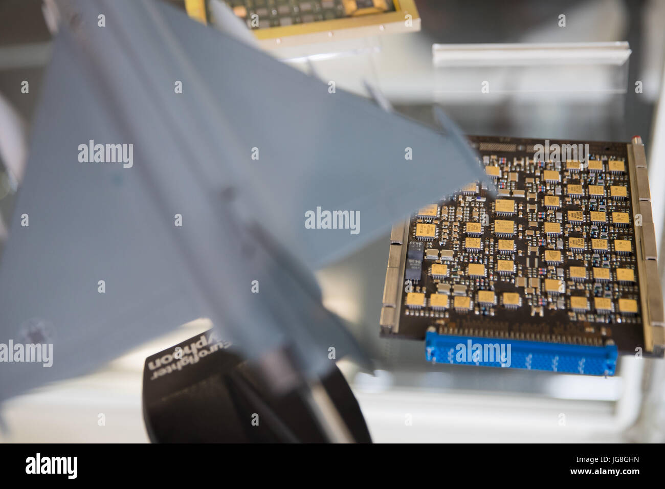 Nuremberg, Germany. 04th July, 2017. A circuit board of the industrial group and armaments company Diehl for the sensor signal processing of the engine control of the Eurofighter is pictured at the annual press conference of the company in Nuremberg, Germany, 04 July 2017. Photo: Daniel Karmann/dpa/Alamy Live News Stock Photo