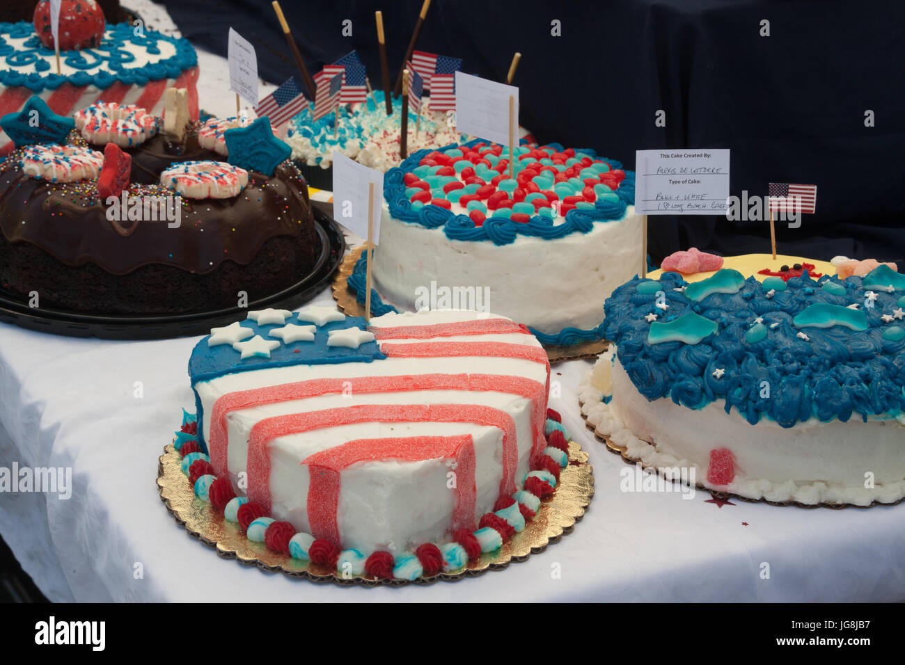 Long Beach, USA. 04th July, 2017. Cakes ready for the cake walk at the Bluff Heights 4th of July Block Party, Long Beach, CA Credit: Kayte Deioma/Alamy Live News Stock Photo