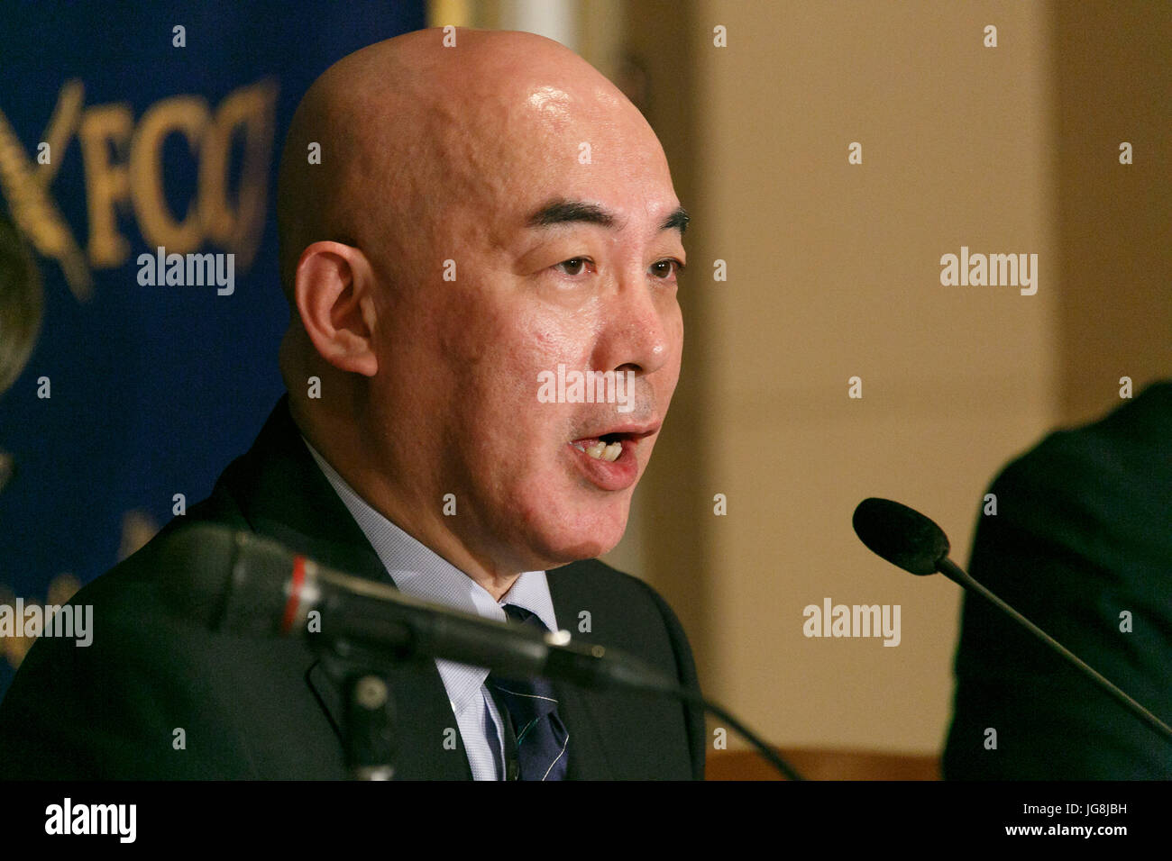 Japanese author Naoki Hyakuta speaks during a news conference at The Foreign Correspondents' Club of Japan on July 4, 2017, Tokyo, Japan. Hyakuta, who's views include denial of the Nanking massacre, spoke about the cancellation of his lecture at Hitotsubashi University because a group of students, belonging to the school's Anti-Racism Information Center (ARIC), had argued that his views were discriminatory toward certain ethnic groups and that he shouldn't be allowed to speak at the University festival. Credit: Rodrigo Reyes Marin/AFLO/Alamy Live News Stock Photo