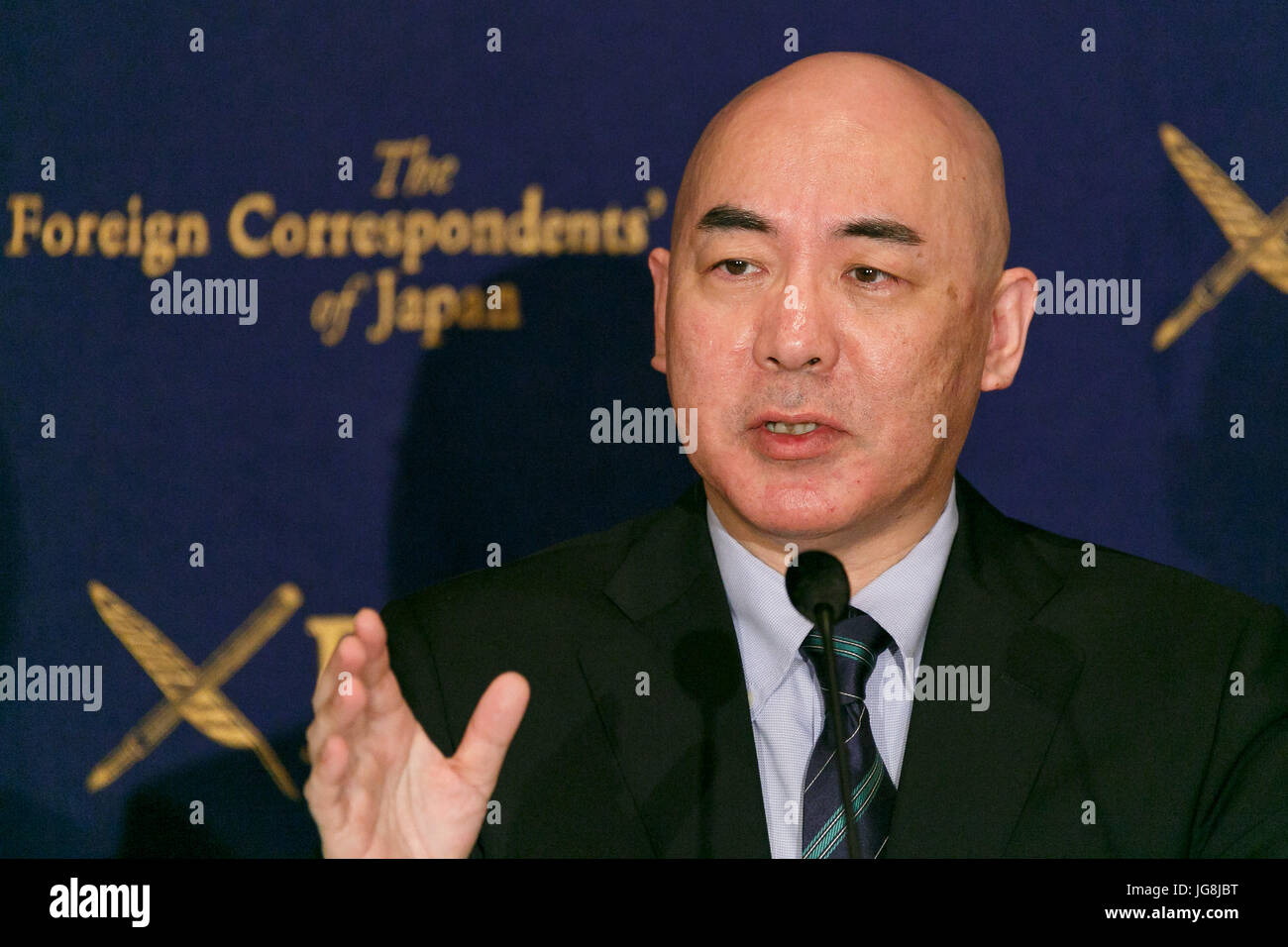 Japanese author Naoki Hyakuta speaks during a news conference at The Foreign Correspondents' Club of Japan on July 4, 2017, Tokyo, Japan. Hyakuta, who's views include denial of the Nanking massacre, spoke about the cancellation of his lecture at Hitotsubashi University because a group of students, belonging to the school's Anti-Racism Information Center (ARIC), had argued that his views were discriminatory toward certain ethnic groups and that he shouldn't be allowed to speak at the University festival. Credit: Rodrigo Reyes Marin/AFLO/Alamy Live News Stock Photo