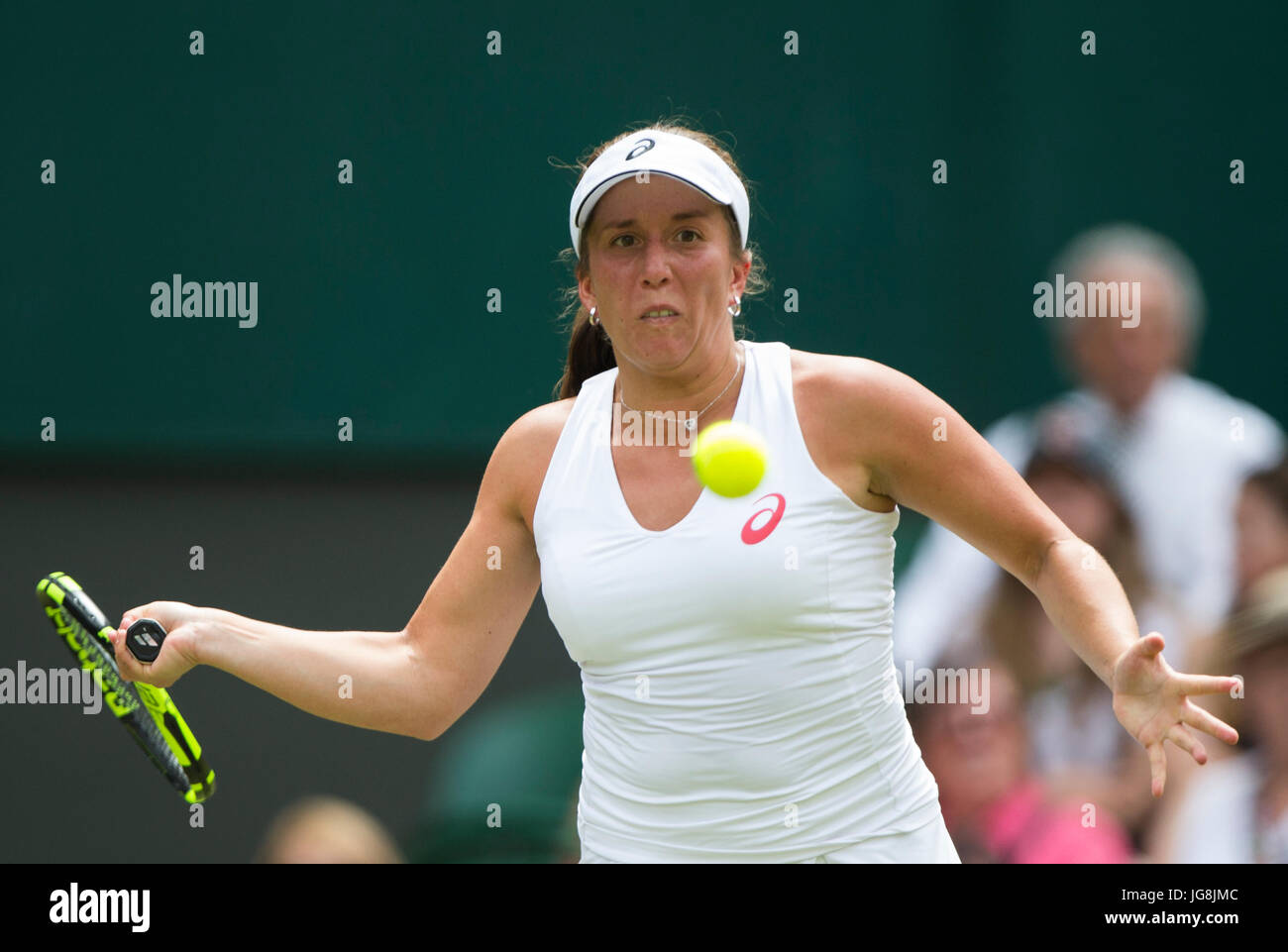 London, Britain. 4th July, 2017. Irina Falconi of the United States hits a return during the women's singles first round match against Angelique Kerber of Germany at the Championship Wimbledon 2017 in London, Britain, on July 4, 2017. Kerber won 2-0. Credit: Jin Yu/Xinhua/Alamy Live News Stock Photo