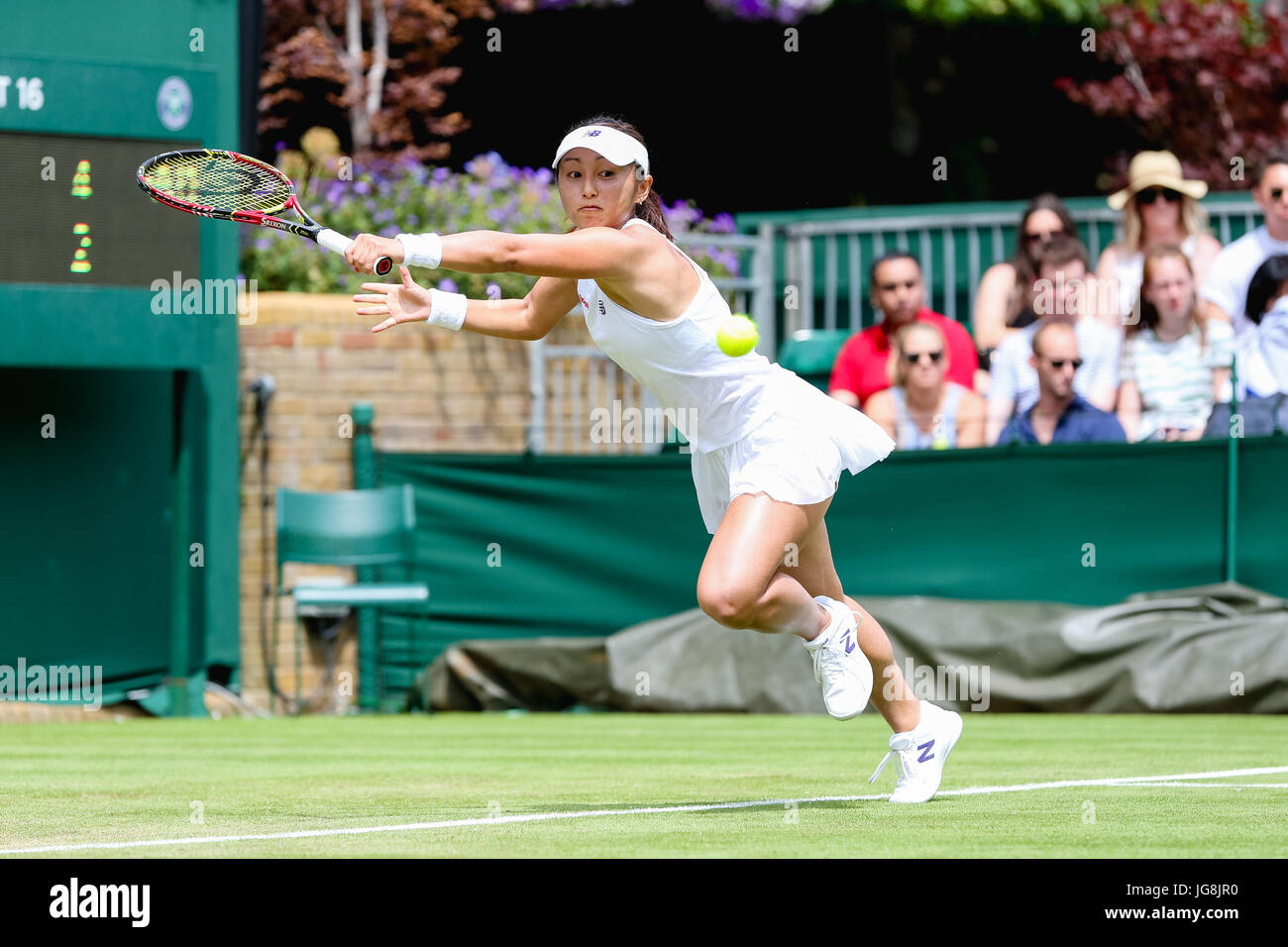 London, UK. 4th July, 2017. Misaki Doi (JPN) Tennis : Misaki Doi of Japan during the Women's singles first round match of the Wimbledon Lawn Tennis Championships against Kirsten Flipkens of Belgium at the All England Lawn Tennis and Croquet Club in London, England . Credit: AFLO/Alamy Live News Stock Photo