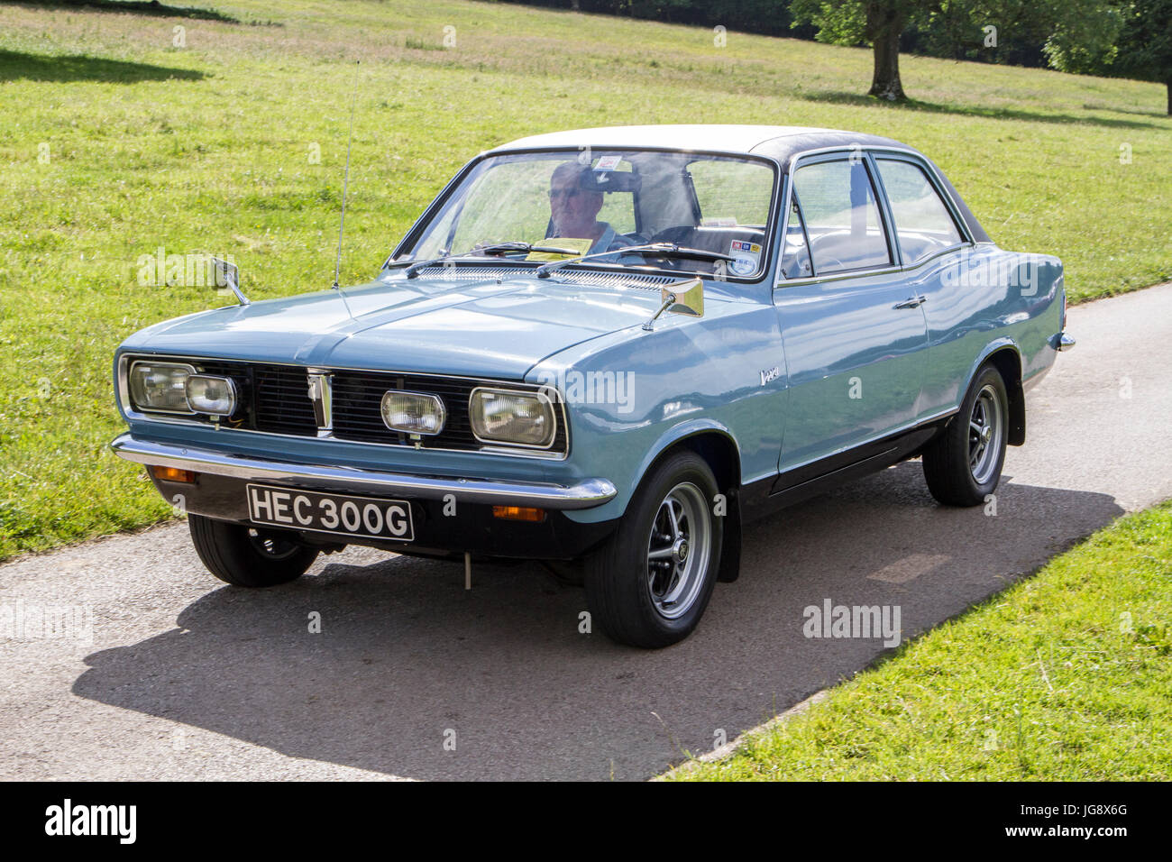 HEC300G blue Vauxhall Viva 1599 SL Classic, collectable restored vintage vehicles arriving for the Mark Woodward Event at Leighton Hall, Carnforth, UK Stock Photo