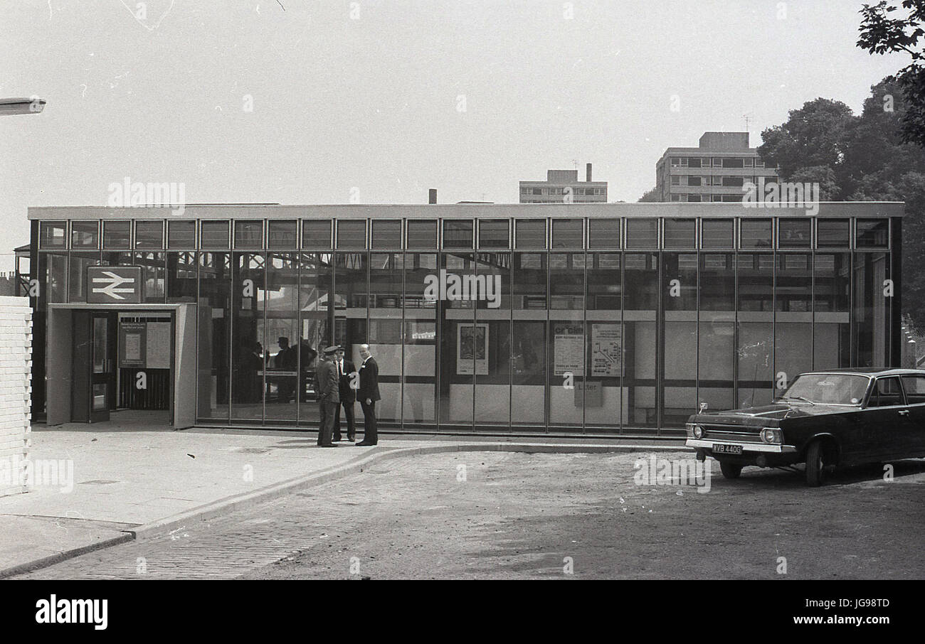 1972, official opening by local mayor, exterior picture of the newly built seventies style British Rail deary and drab mass-produced CLASP two-storey flat-roofed ticket office at the railway station at Brockley, south-east london, SE4, England, UK. Stock Photo