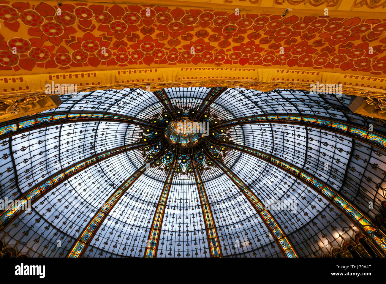 Galeries Lafayette Haussmann, upmarket French department store, by the architect Georges Chedanne and Ferdinand Chanut with a Art Nouveau dome, Paris Stock Photo