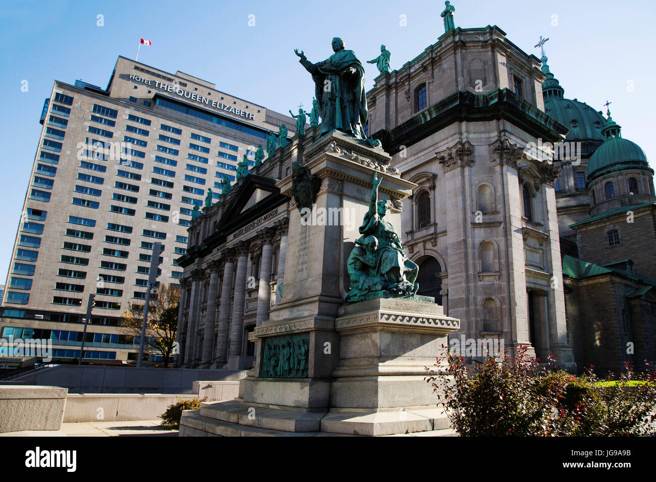 Ignace Bourget Monument by the Mary Queen of the World Cathedral (Cathedrale Marie-Reine-du-Monde) in Montreal, Canada. Stock Photo