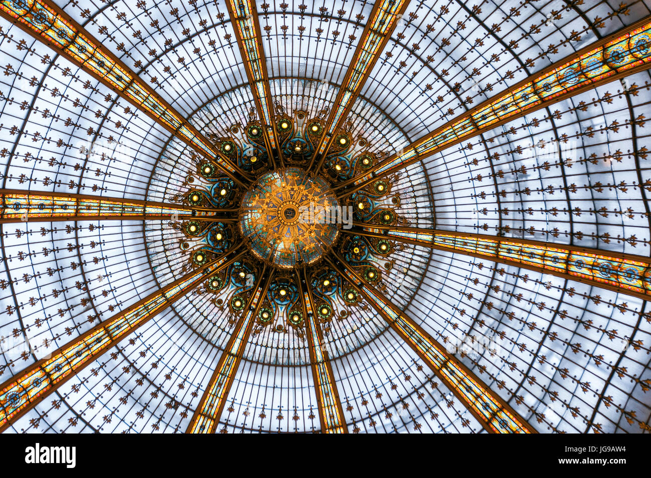 Dome of Galeries Lafayette Haussmann, French department store, by the architect Georges Chedanne and Ferdinand Chanut with a Art Nouveau dome, Paris Stock Photo