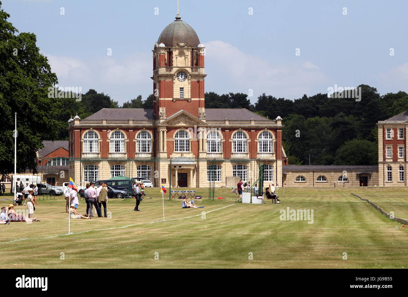 Sandhurst, Surrey, UK - June 18th 2017: Visitors to the Royal Military Academy Sandhurst waiting for the polo to start, in front of the New College Cl Stock Photo