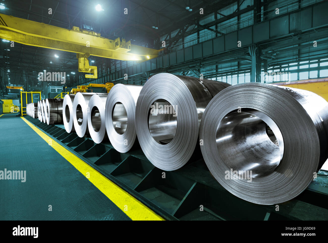 Packed rolls of steel sheet, Cold rolled steel coils Stock Photo