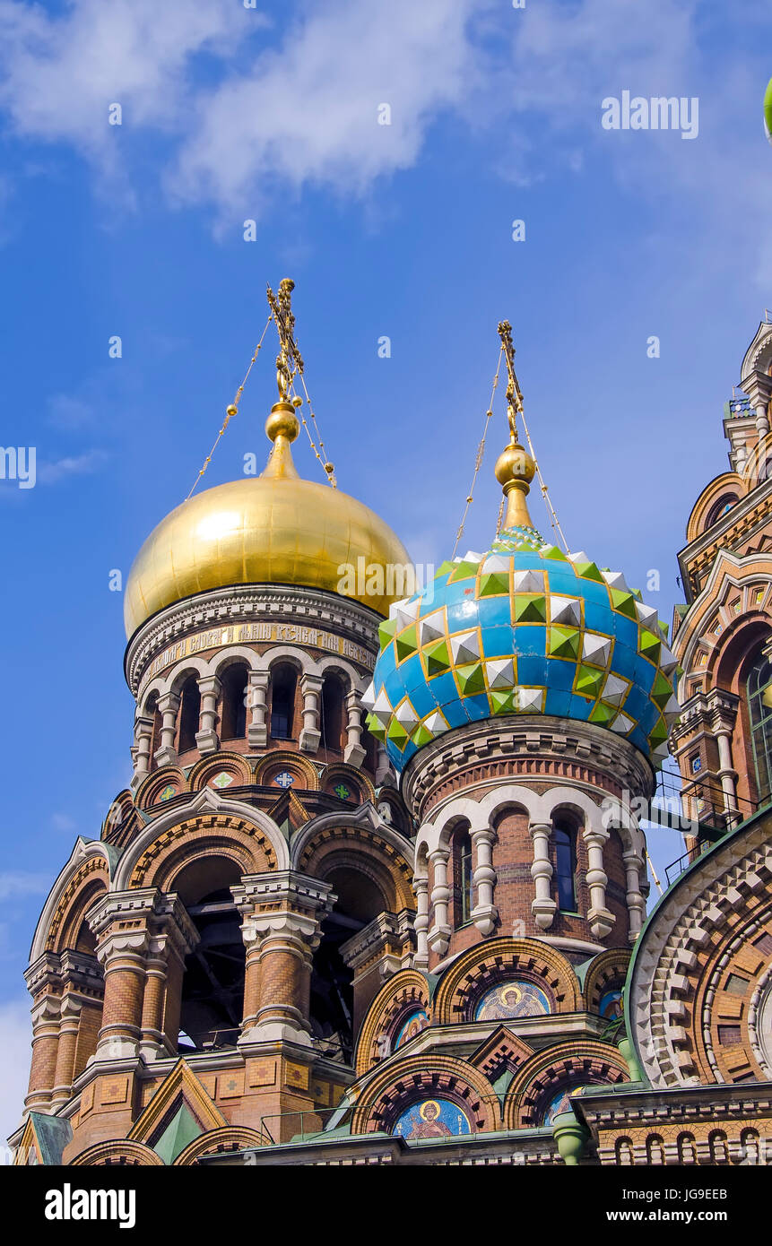 Onion domes of Church of the Resurrection of Christ, also known as Church on the Savior of Spilled Blood, St. Petersburg Russia Stock Photo