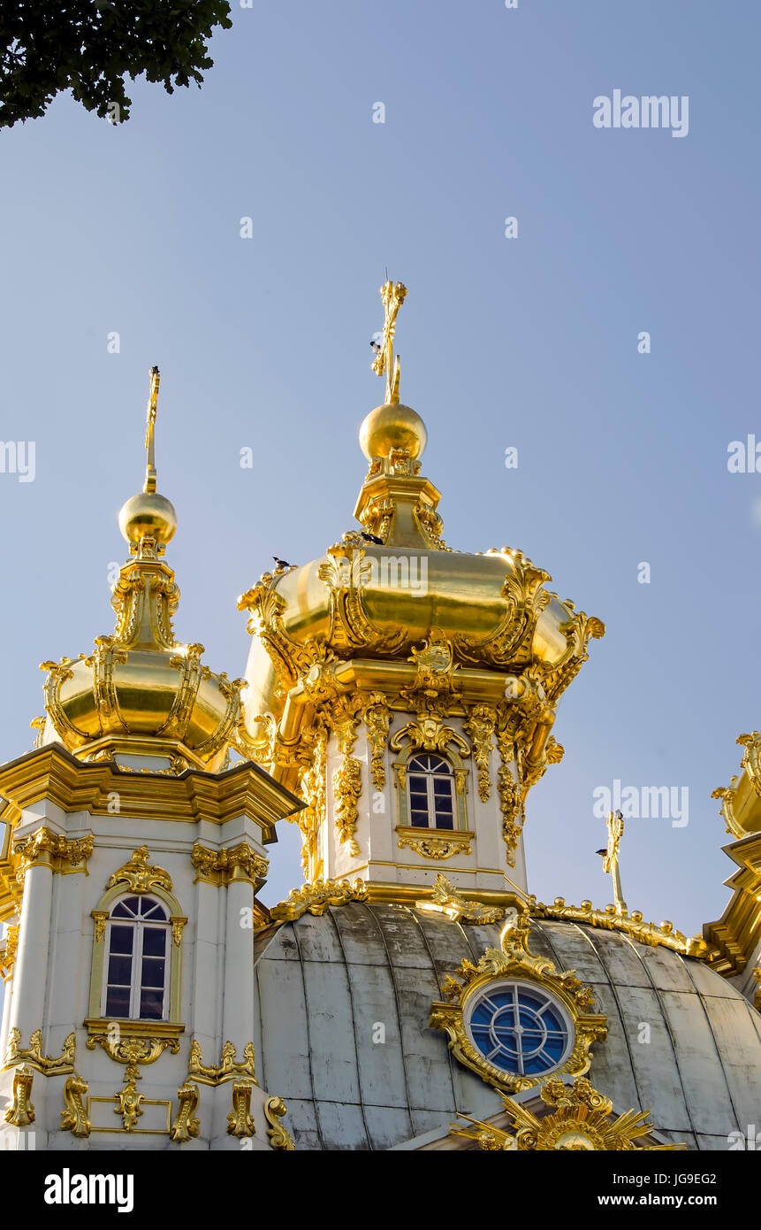 Peterhof Palace gilded  domes church of the Grand Palace located near Saint Petersburg, Russia Stock Photo