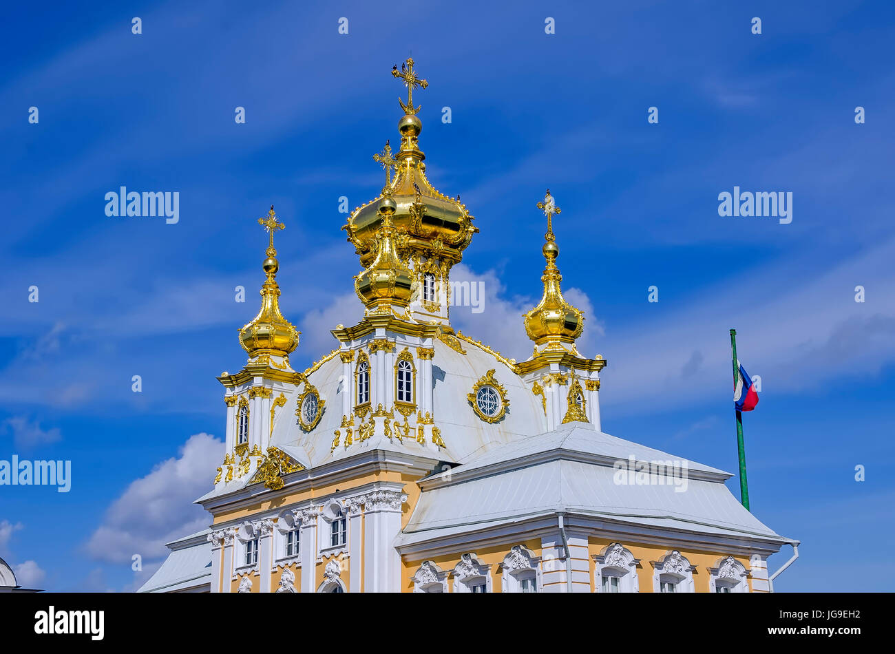 Peterhof Palace Gilded domes of the church at the Grand Palace located near Saint Petersburg, Russia Stock Photo