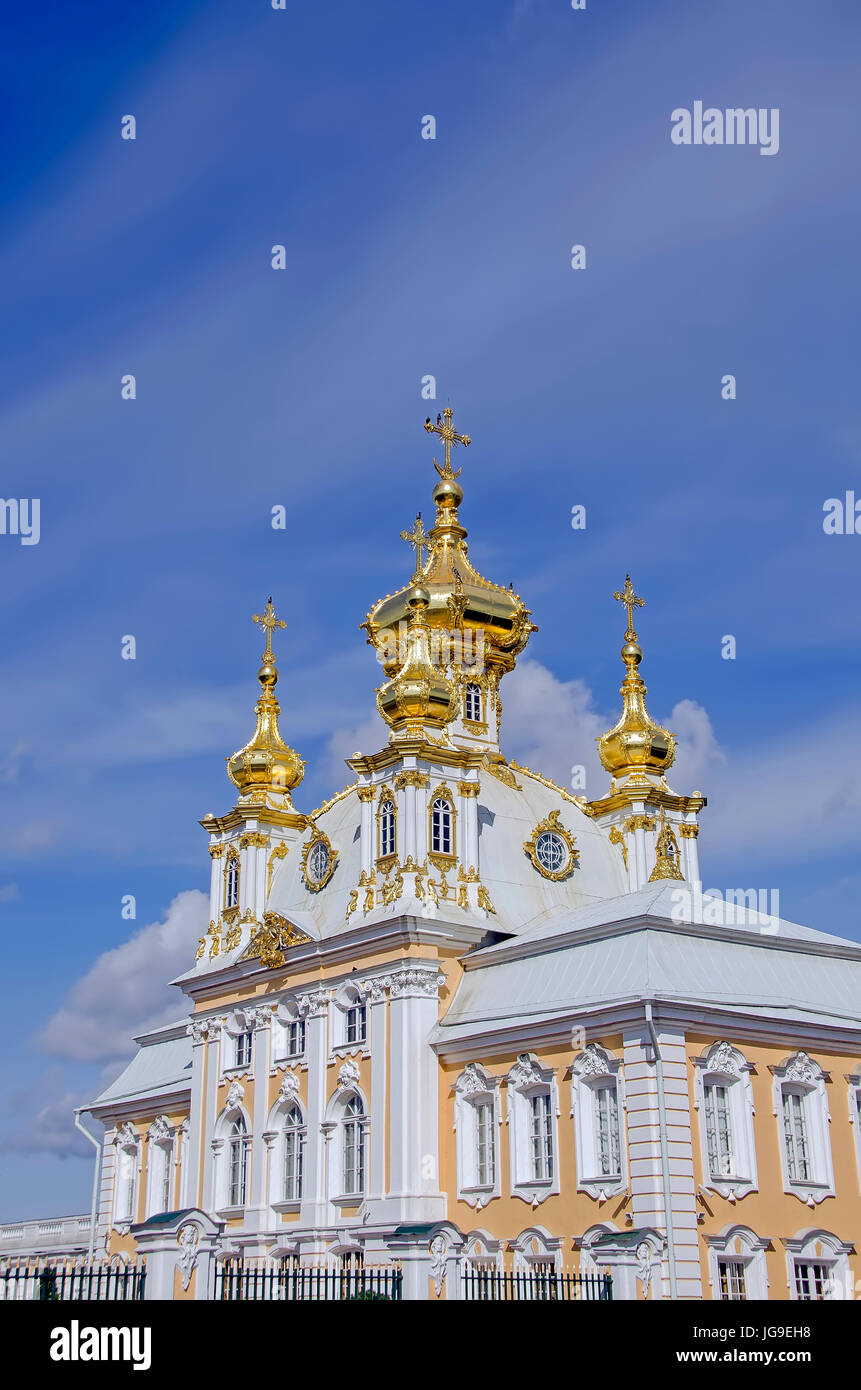 Peterhof Palace Gilded  domes of the church at the Grand Palace located near Saint Petersburg, Russia Stock Photo
