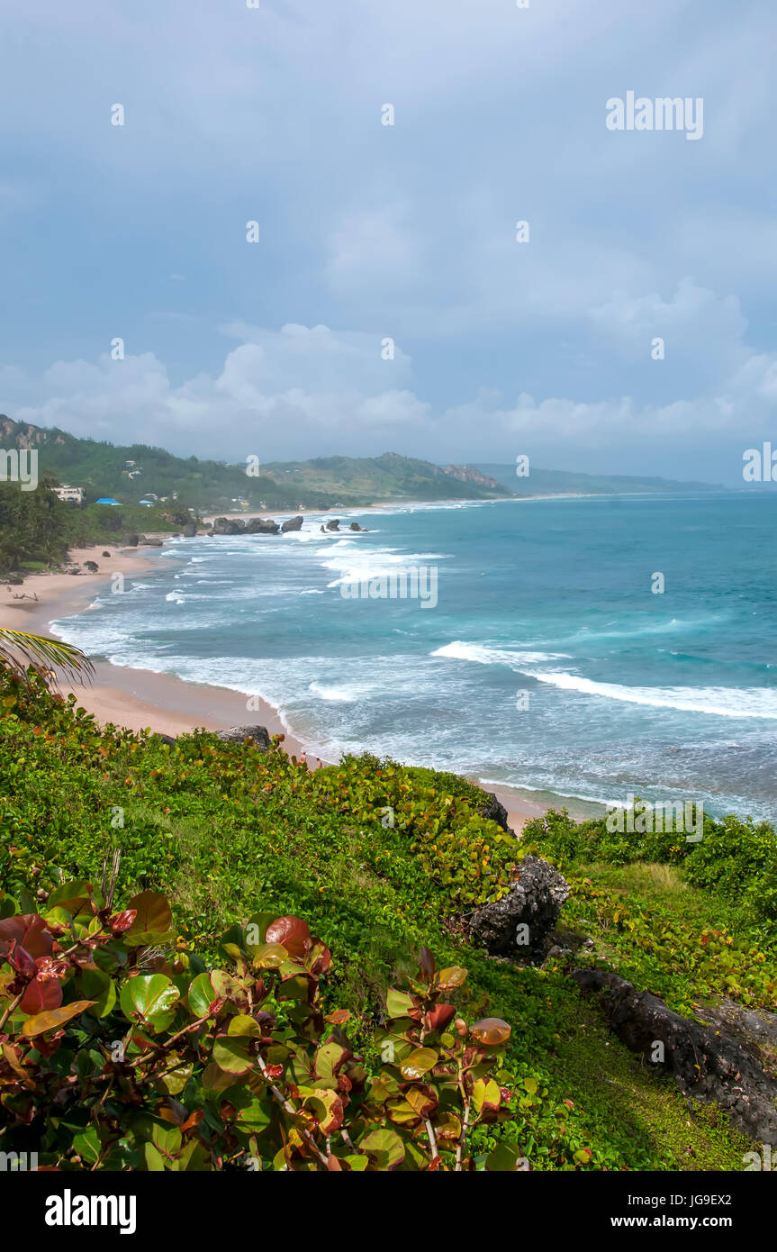 View of the Scotland District from fishing village of Bathsheba on Atlantic east coast of Barbados. Stock Photo
