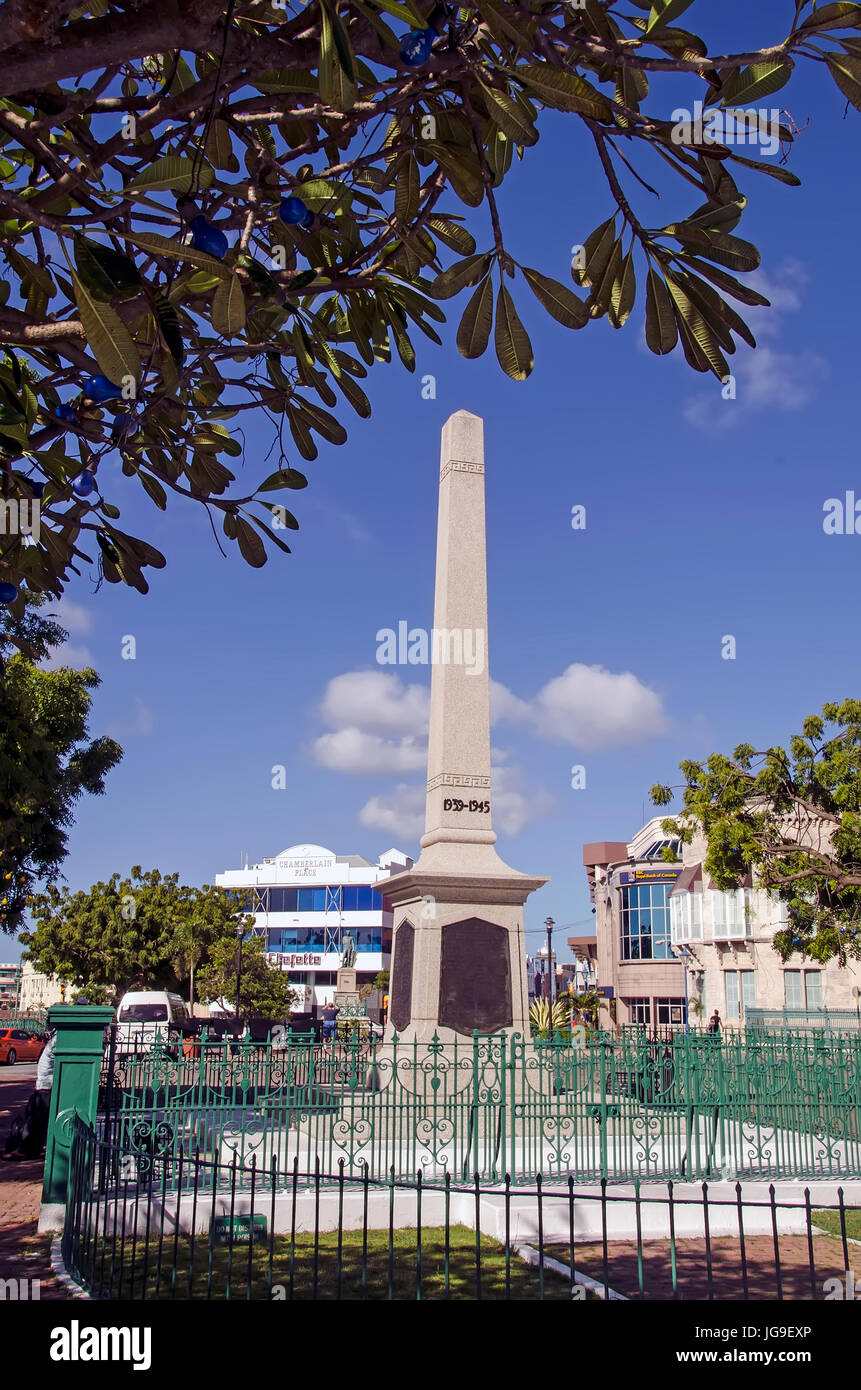 Cenotaph or War Memorial obelisk at National Heroes Square in Bridgetown Barbados. Stock Photo