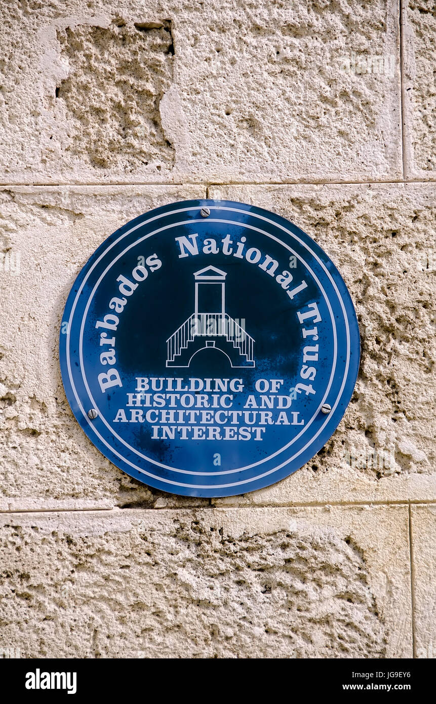 Barbados National Trust marker designating a building of historic and architectural interest. Stock Photo