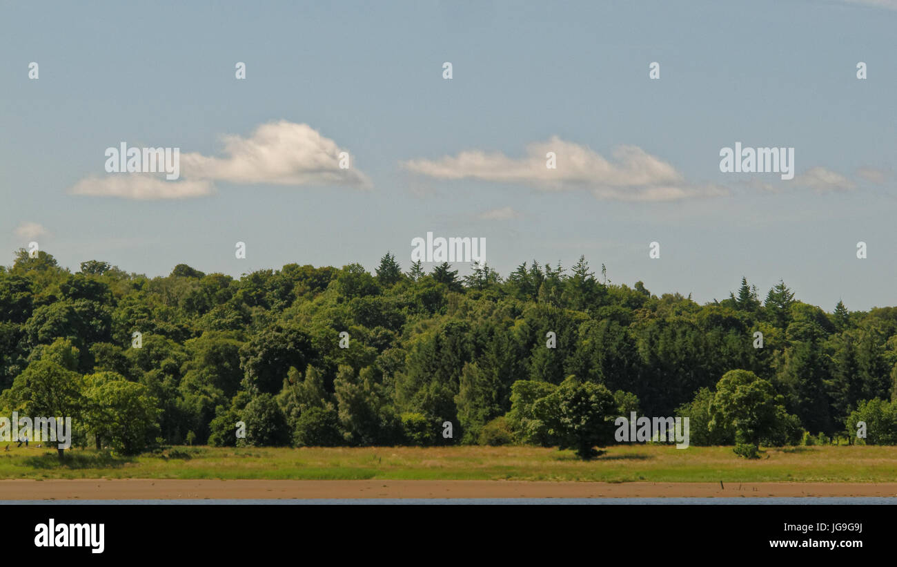 Bowling landscape beside the Clyde River blue sky fluffy cloud Stock Photo