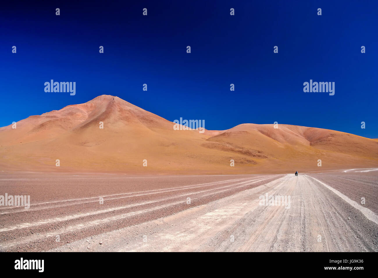 Lonely cyclist travelling through remote part of southern Altiplano, Bolivia Stock Photo