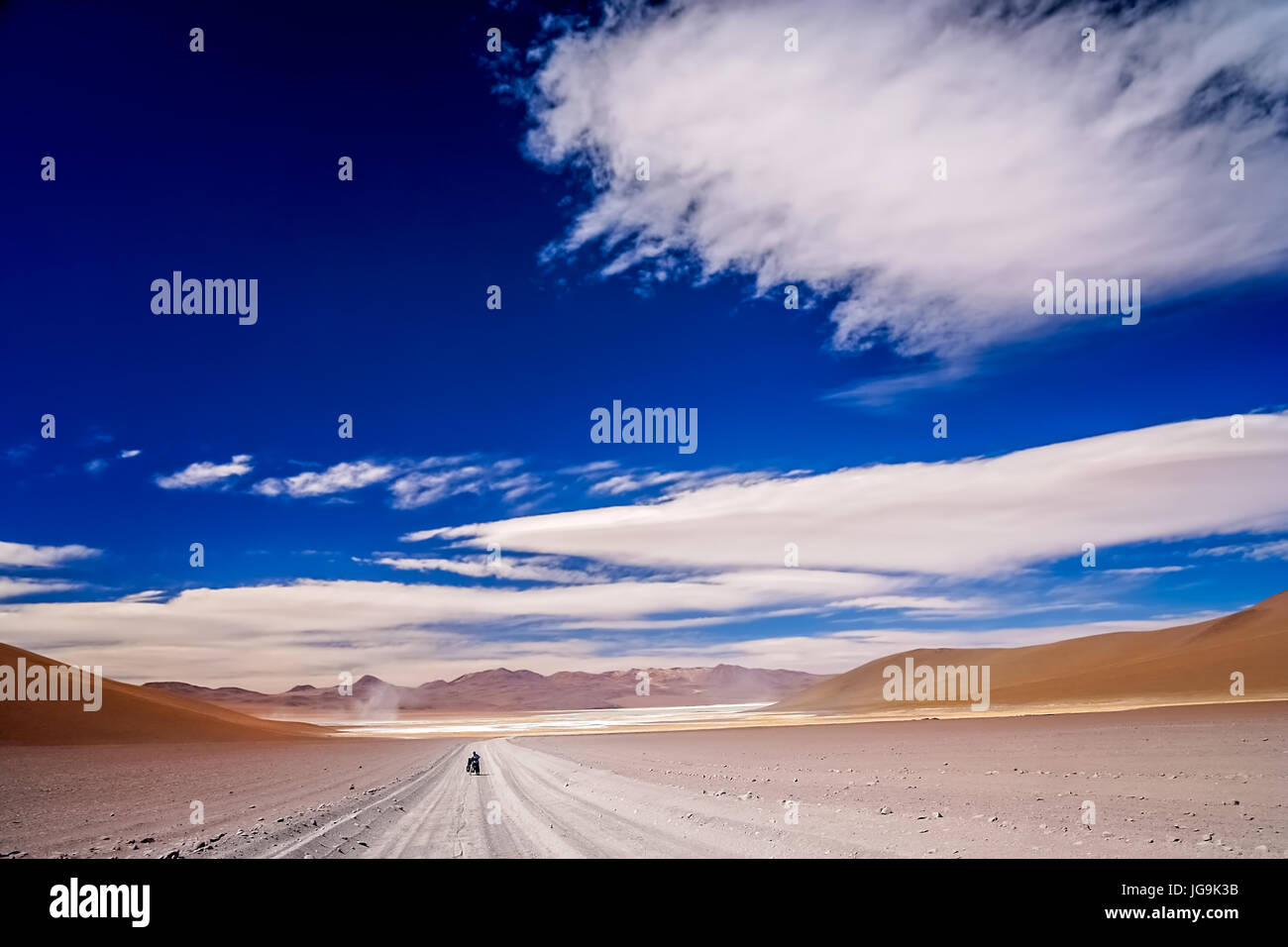 Lonely cyclist travelling through remote part of southern Altiplano, Bolivia Stock Photo