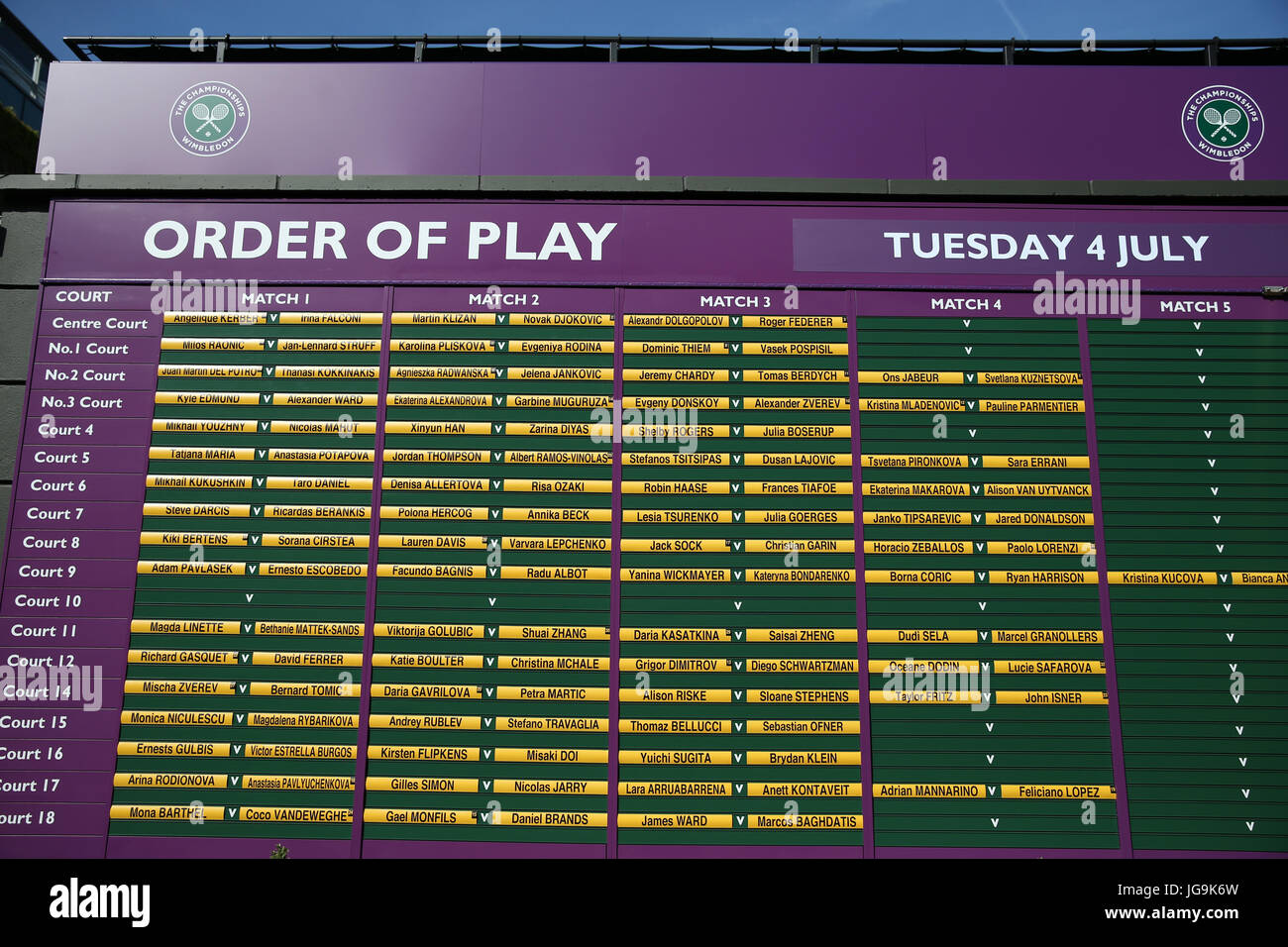 The order of play ahead of day two of the Wimbledon Championships at The All England Lawn Tennis and Croquet Club, Wimbledon. Stock Photo