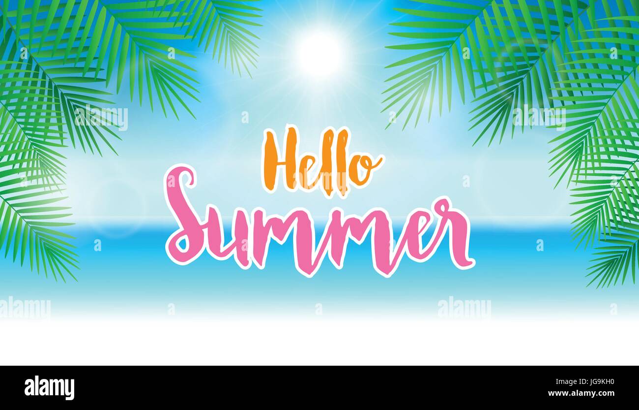 Hello summer concept. Summer background with blue sky and palm leaves ...