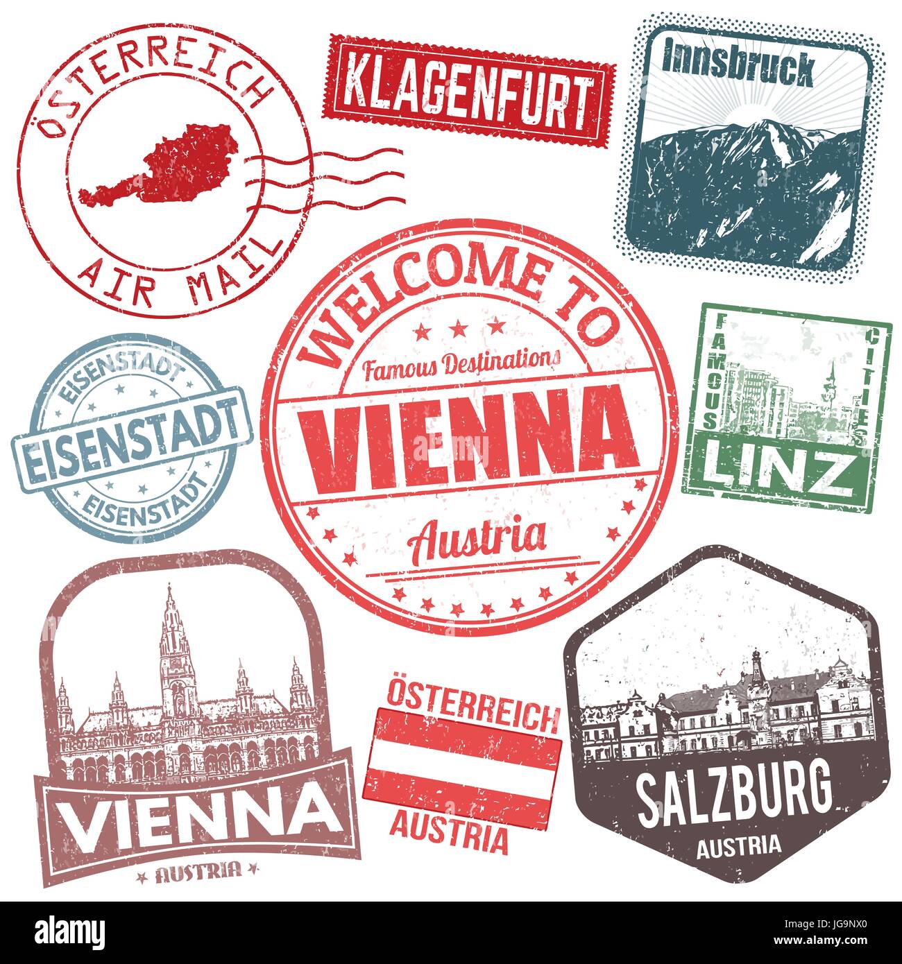 Set of travel grunge stamps with Austria on white background, vector illustration Stock Vector