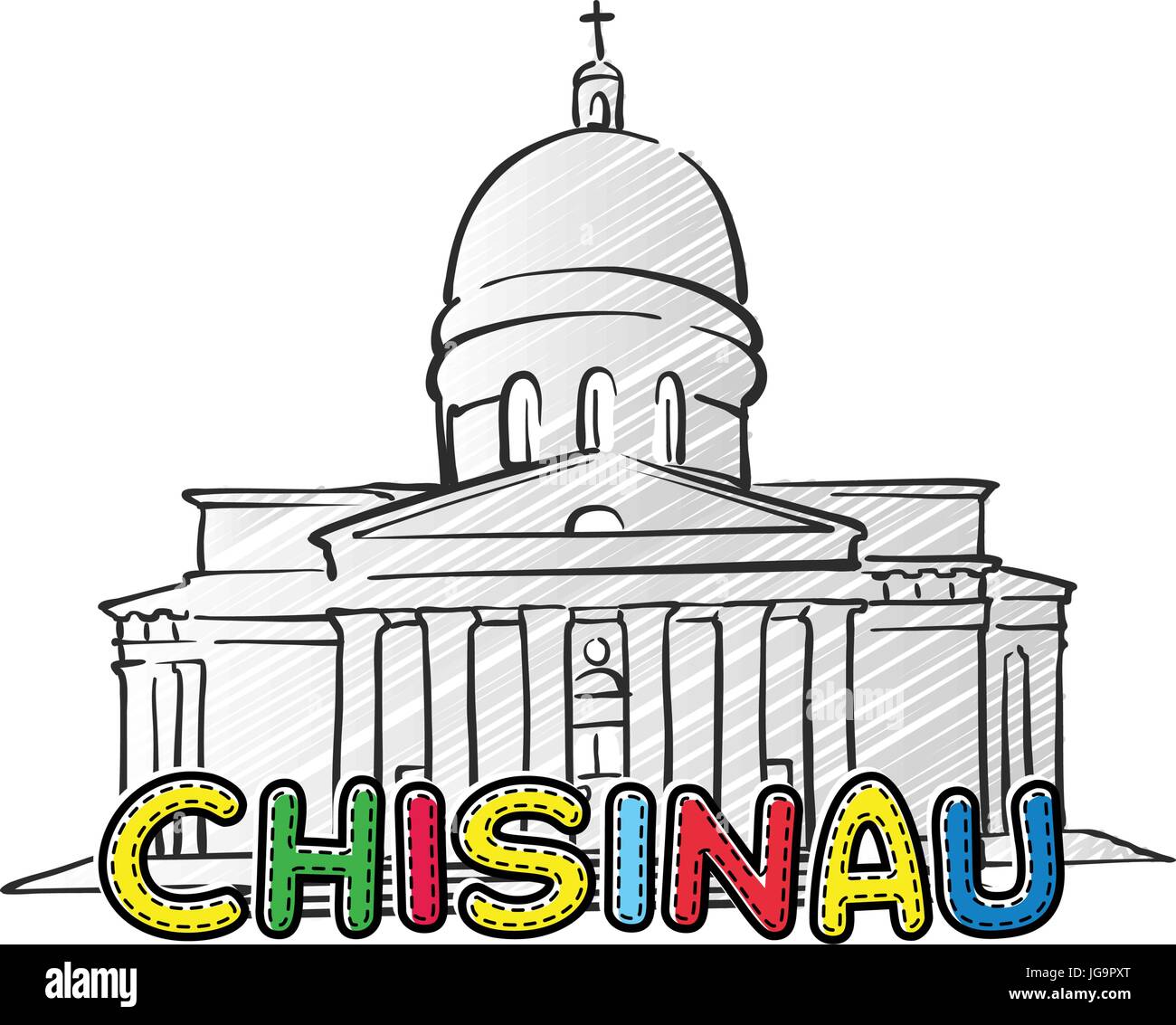Chisinau beautiful sketched icon, famaous hand-drawn landmark, city name lettering, vector illustration Stock Vector