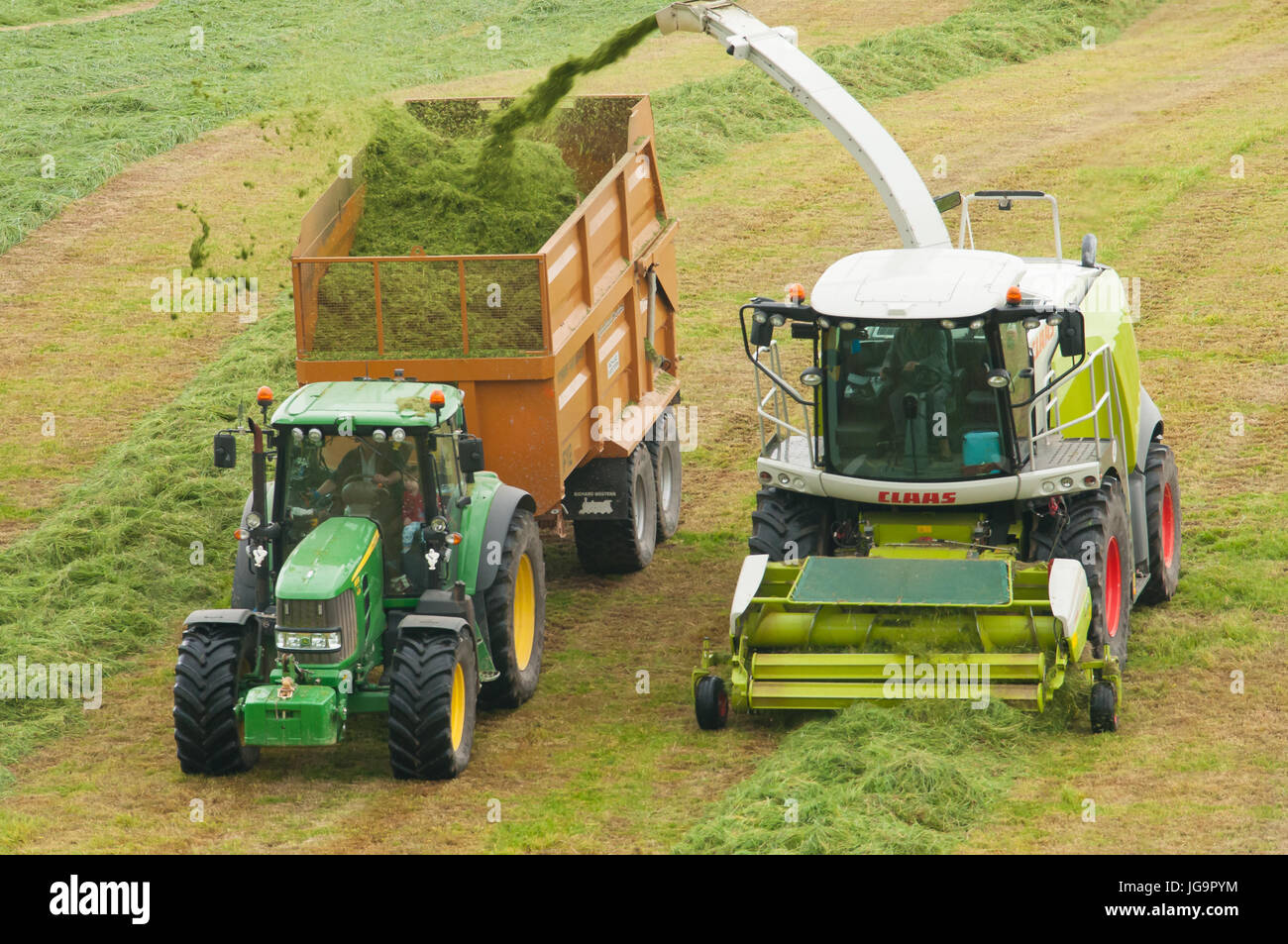 Silage lifting with John Deere tractor and Claas Chopper Stock Photo