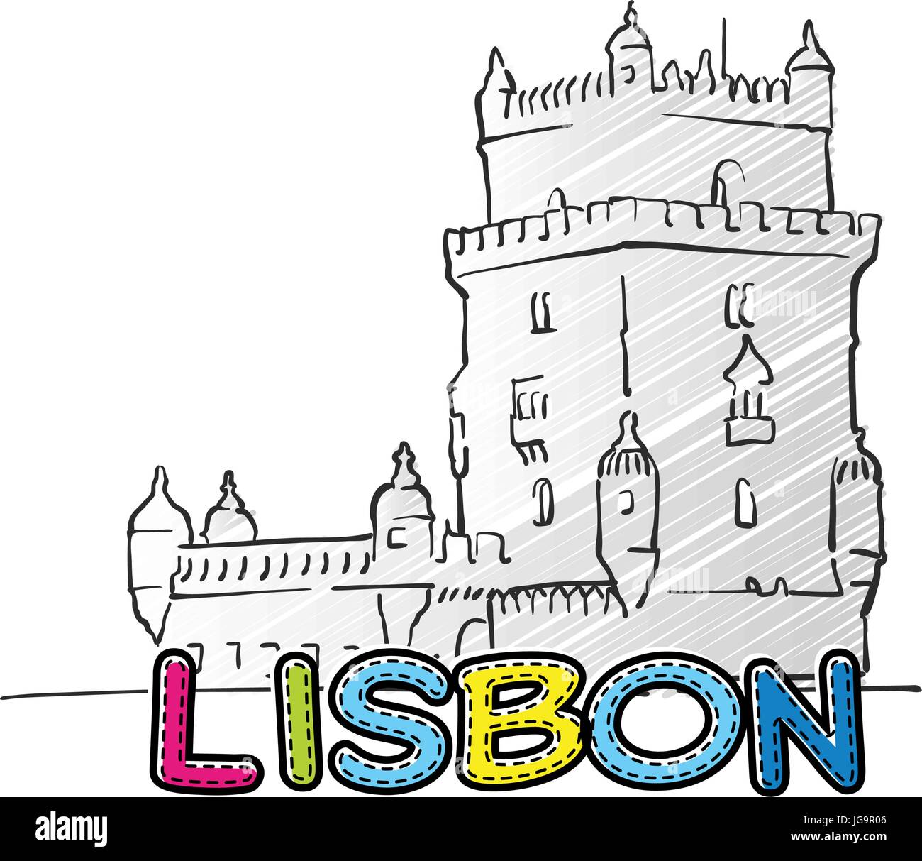 Lisbon beautiful sketched icon, famaous hand-drawn landmark, city name lettering, vector illustration Stock Vector