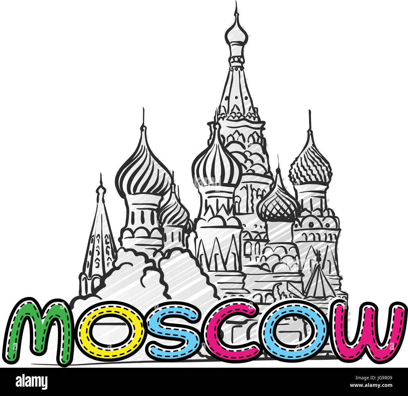 Moscow beautiful sketched icon, famaous hand-drawn landmark, city name lettering, vector illustration Stock Vector