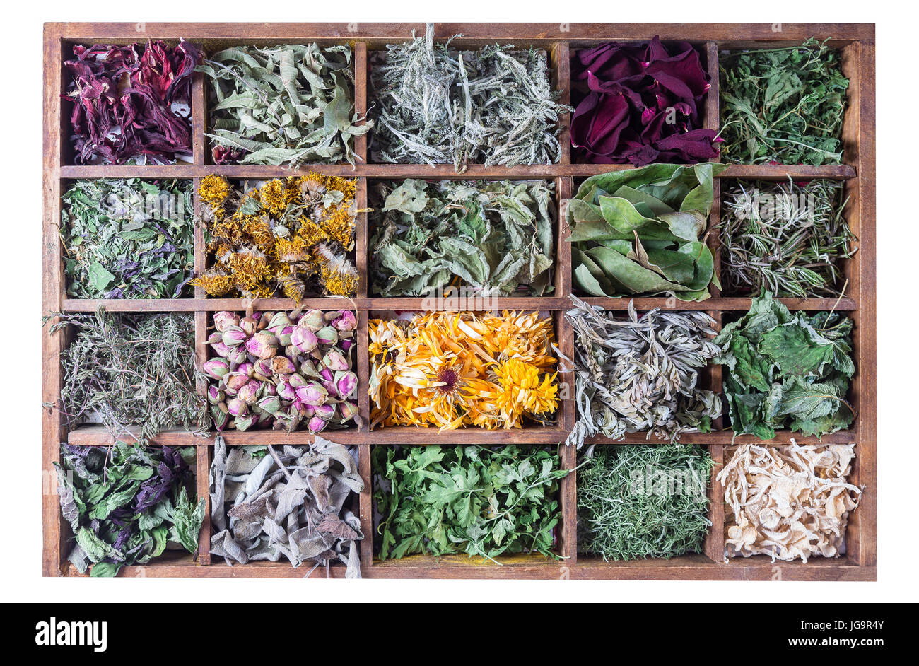 Assortment of dried herbal plant for tea in wooden box Stock Photo