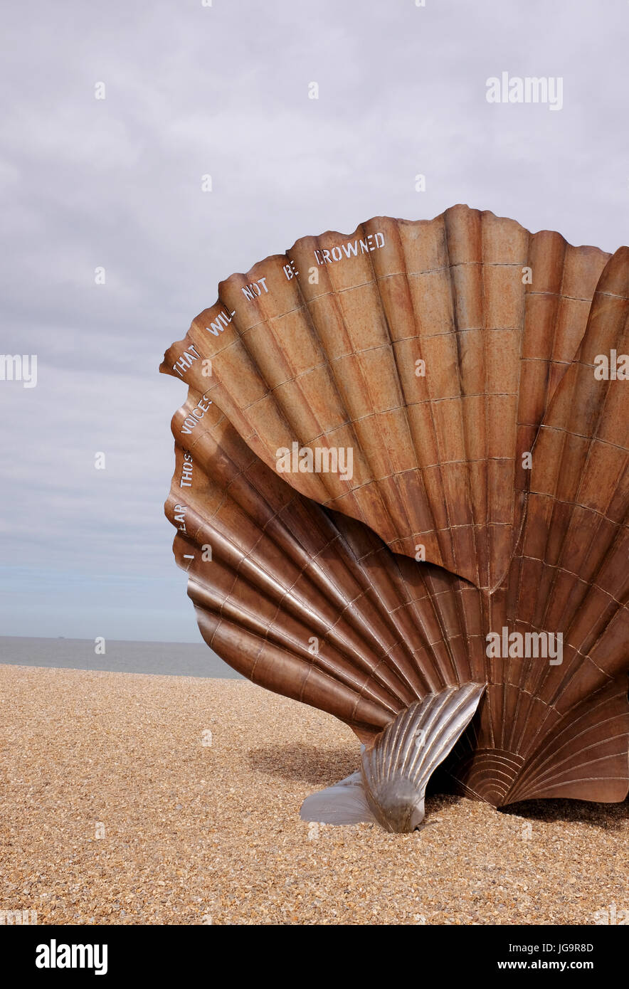 Aldeburgh Suffolk UK June 2017 - The Scallop sculpture on the beach by Maggi Hambling Photograph taken by Simon Dack Stock Photo