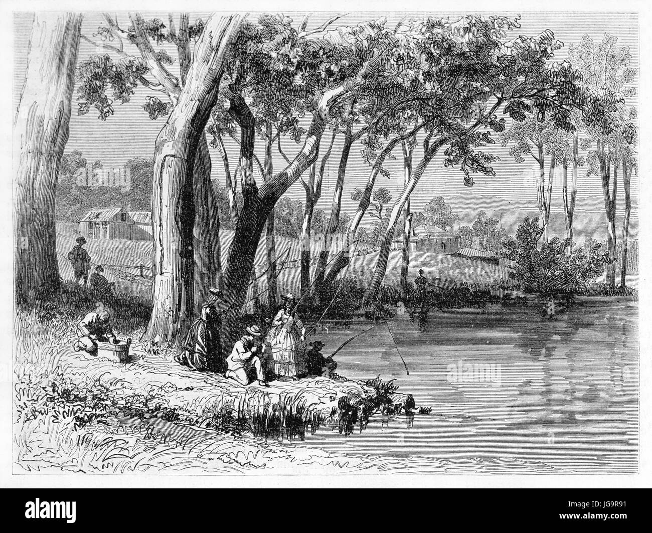 Old illustration of people angling along a river in Victoria region, Australia. Created by Girardet after De Castella,  published on Le Tour du Monde, Stock Photo