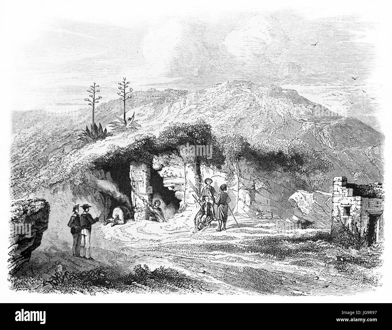 Old view of Cave of Antiparos mouth, Cyclades islands, Greece. Created by Rouargue after Spoll, published on Le Tour du Monde, Paris, 1861 Stock Photo