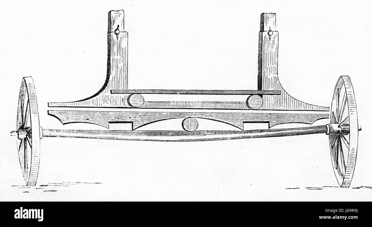 Old illustration of an axle of traditional agricultural Turkish wagon. By unidentified author, published on Le Tour du Monde, Paris, 1861 Stock Photo
