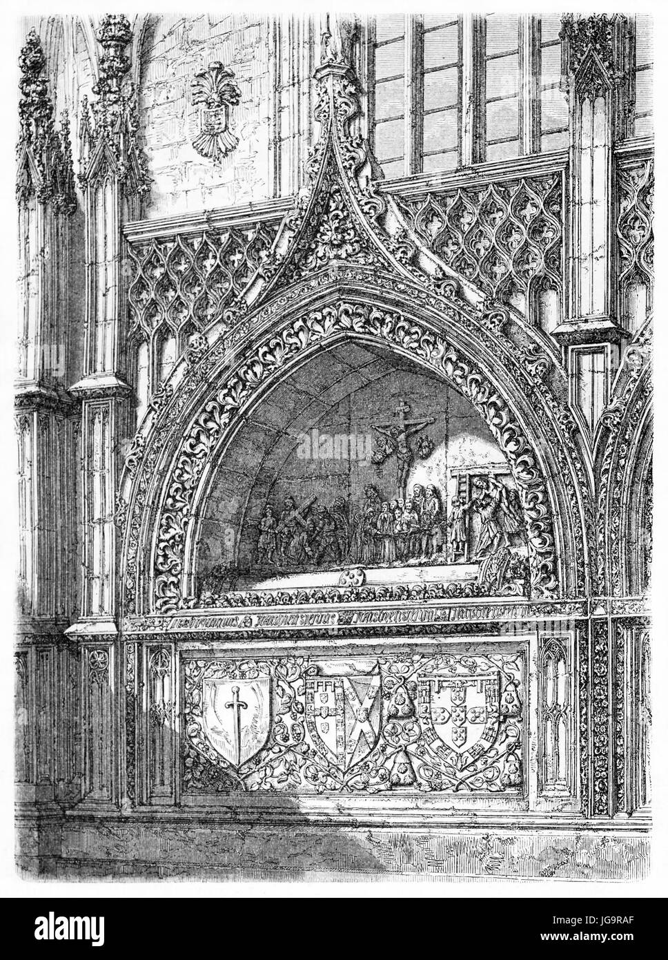 Old illustration of antique tomb in the Monastery of Batalha, Portugal. Created by Catenacci after photo of Léfevre, published on Le Tour du Monde, Pa Stock Photo