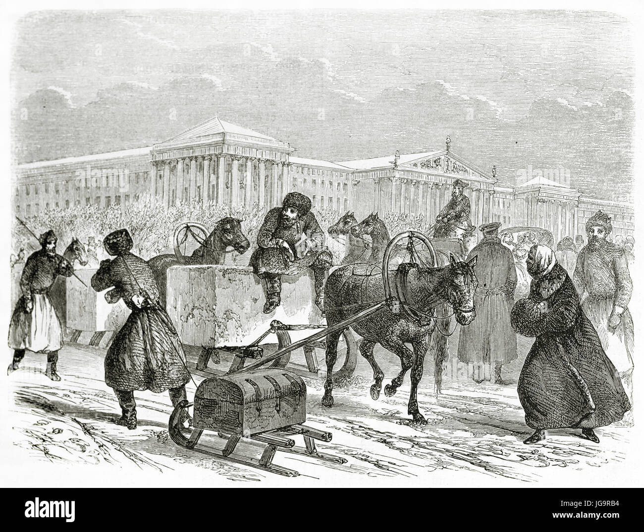 Old illustration of men carrying ice on a sleigh in Saint Petersburg, Russia. Created by Blanchard, published on Le Tour du Monde, Paris, 1861 Stock Photo