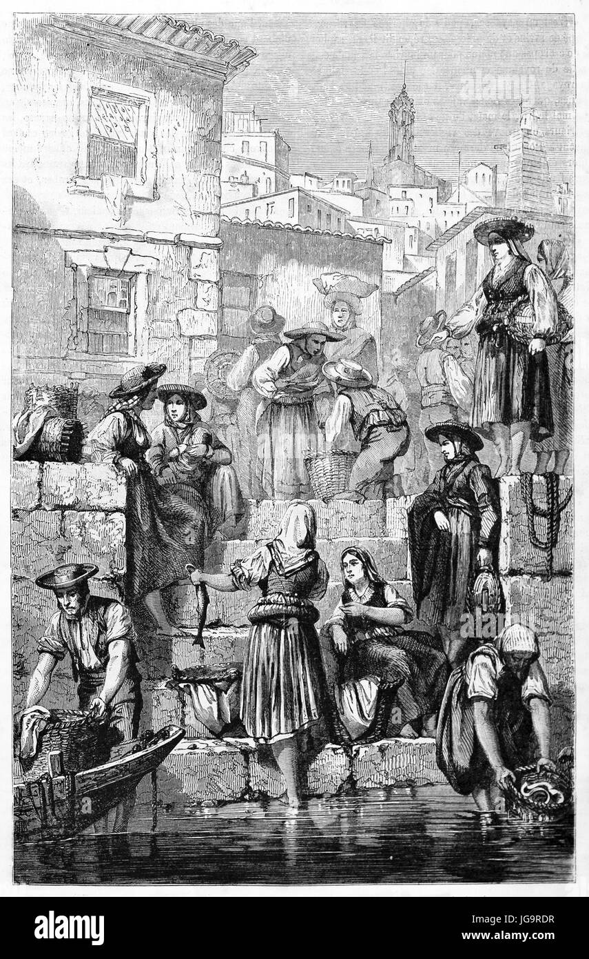 Old illustration of fish merchants in Porto, Portugal. Created by Léfevre and Maurand, published on Le Tour du Monde, Paris, 1861 Stock Photo