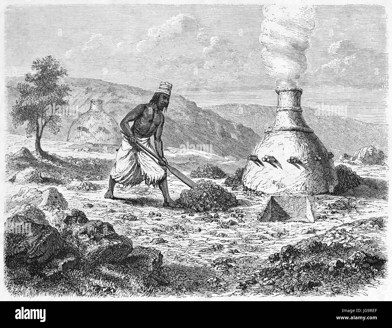 Old illustration of African native extracting iron from minerals in a furnace. Created by Hadamard after Lambert, published on Le Tour du Monde, Paris Stock Photo