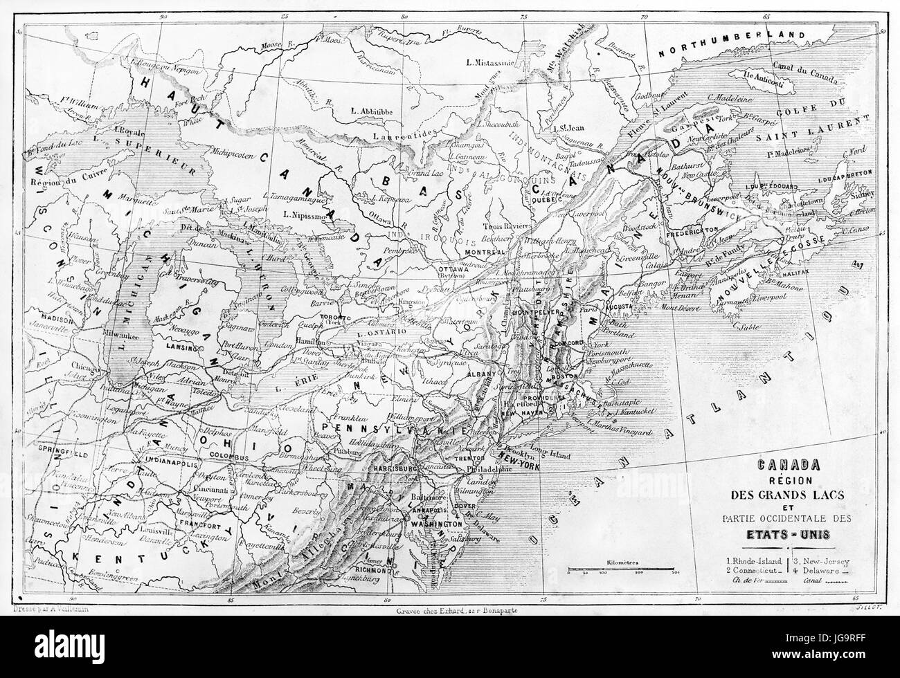 Old map of Great Lakes region, North America. Created by Erhard and Bonaparte, published on Le Tour du Monde, Paris, 1861 Stock Photo