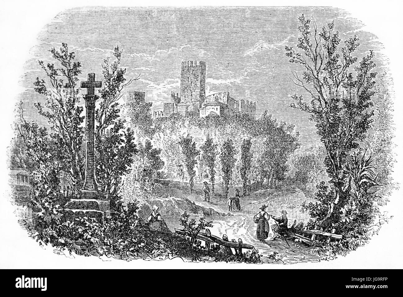 Old view of the Castle of Guimaraes, northern Portugal, from the way for Braga. Created by Catenacci after sketch by unknown author, published on Le T Stock Photo