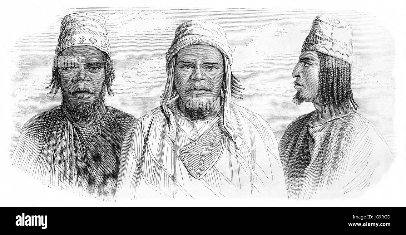 Old engraved portrait of Ibrahim Sori (? - 1784), leader of the Imamate of  Fouta Djalon and two natives of the same region. Created by Hadamard after Stock Photo